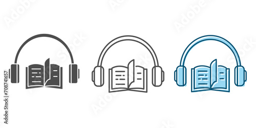 Audiobook icon set. Book and headphones outline vector icon. Vector illustration on a white background