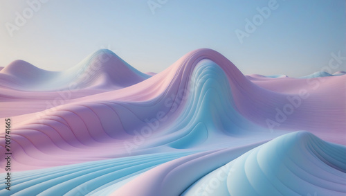 Paisaje de dunas en colores suaves e iridiscentes creando un fondo fluido y relajante que tramsmite calma y positividad en forma con formas de montañas photo
