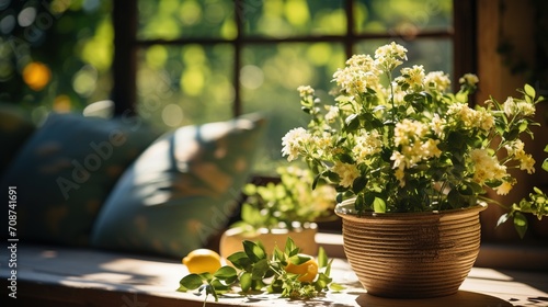 White flowers in a clay pot by the window