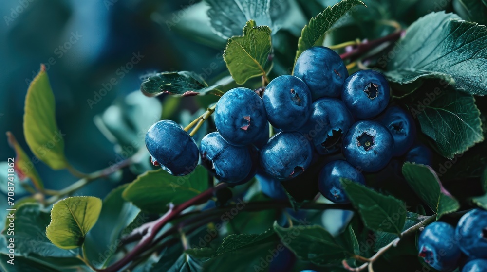 a close up of a bunch of blueberries on a branch with green leaves on a sunny day with a blue sky in the background and green leaves in the foreground. a close up of a bunch of blueberries on a branch with green leaves on a sunny day with a blue sky in the background and green leaves in the foreground.