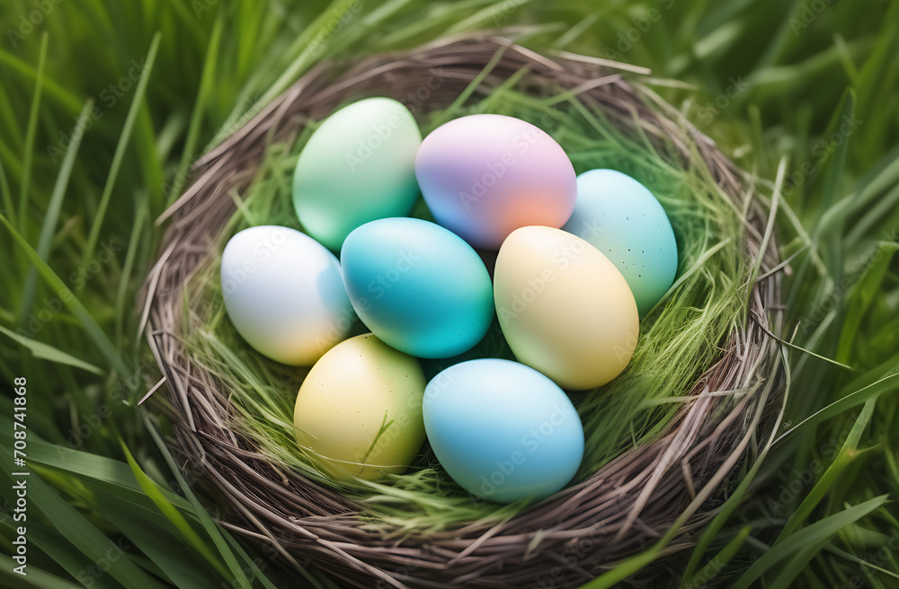 Colorful easter eggs in nest with green grass Colorful easter eggs in nest with green grass