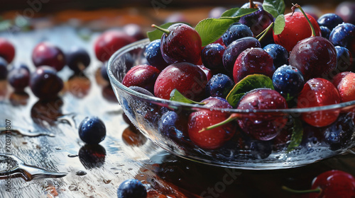  a close up of a bowl of cherries on a table with other cherries on the side of the bowl and on the table are cherries with leaves and water droplets on them.