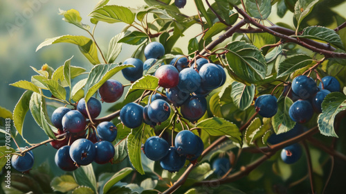  a close up of a bunch of blueberries on a tree branch with green leaves and a blurry background of trees in the back ground and a blurry sky.