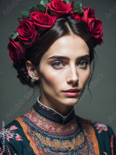 Portrait of young woman in the image of the famous artist Frida Khalo. Dressed on Frida Khalo Style photo