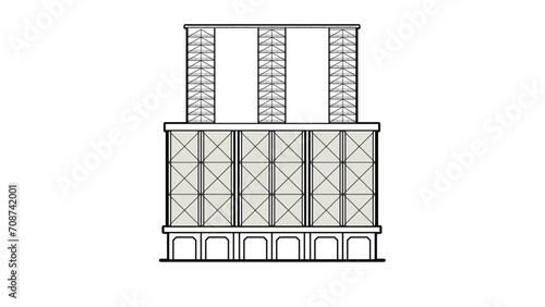 A line drawing showing a coker unit with drums, piping, and catwalk
