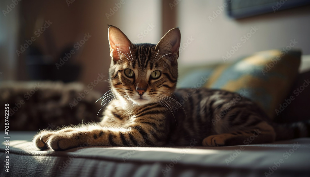 Cute domestic cat, playful and fluffy, resting on comfortable bed generated by AI