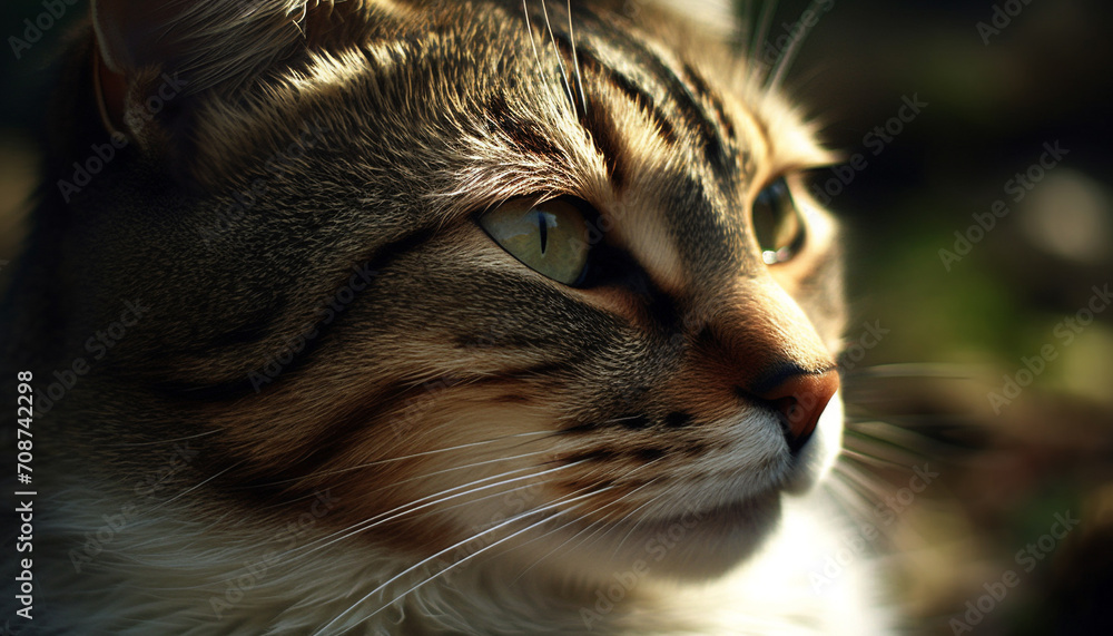 Cute domestic cat with whiskers staring outdoors, fluffy and playful generated by AI Cute domestic cat with whiskers staring outdoors, fluffy and playful generated by AI