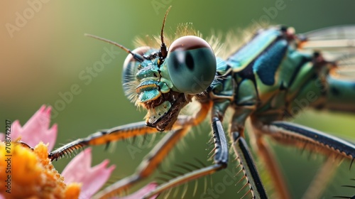  a close up of a blue dragonfly sitting on a flower with a blurry background of pink and yellow flowers in the foreground, with a blurry background. © Anna