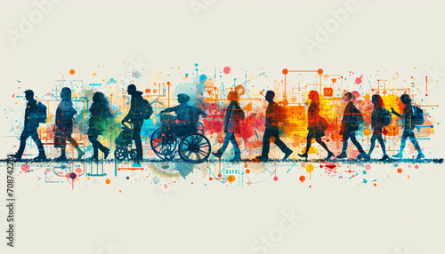 Diversity, multiculturalism, unity and equality concept illustration. Silhouettes of people walking on a colorful background photo