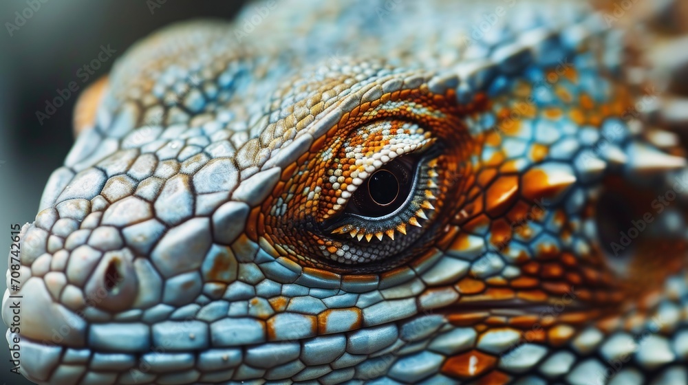 Fototapeta premium a close up of a lizard's face with orange, blue and white details on it's body and head, with a black background of another lizard in the foreground.