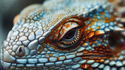  a close up of a lizard's face with orange, blue and white details on it's body and head, with a black background of another lizard in the foreground.