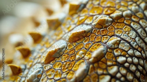  a close up of a lizard's skin with a lot of yellow and white dots on it's back end and the top part of it's head.