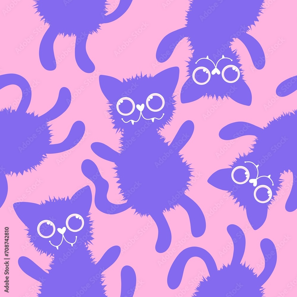 Fototapeta premium Halloween cats seamless cartoon animals pattern for wrapping paper and fabrics and linens and kids