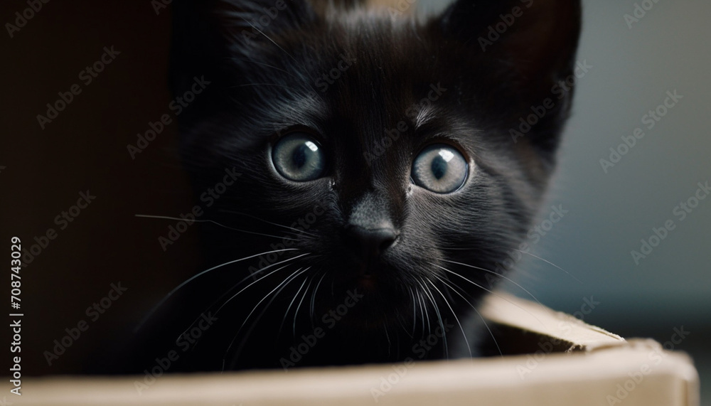 Fototapeta premium Cute domestic cat looking at camera, small, fluffy, playful kitten generated by AI