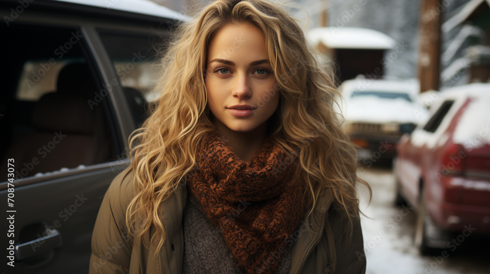 Young Woman in Winter Clothing Standing in the City Streets Young Woman in Winter Clothing Standing in the City Streets