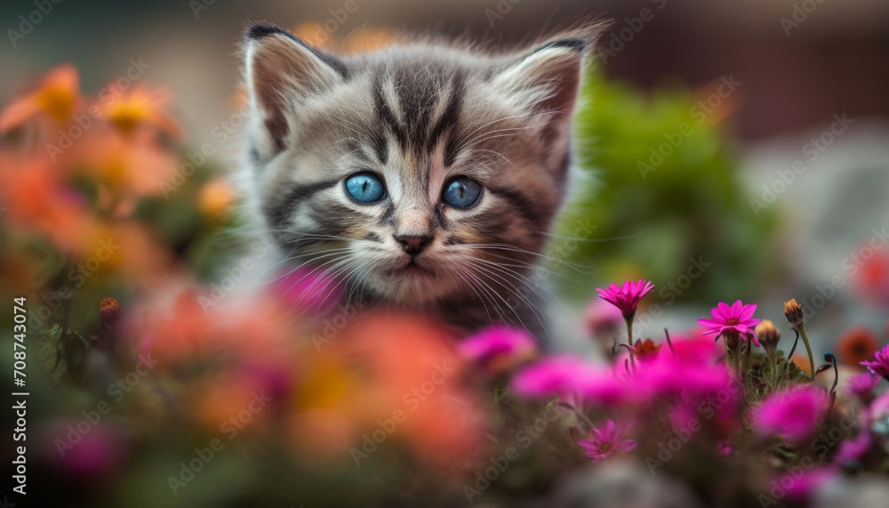 Cute kitten sitting in grass, staring with playful curiosity generated by AI Cute kitten sitting in grass, staring with playful curiosity generated by AI