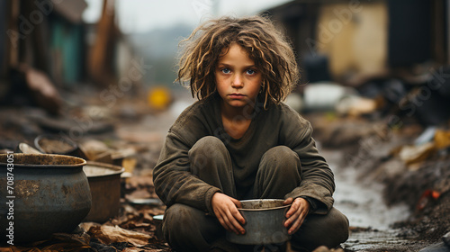 Little homeless, poor child on the street with a plate, hunger, hopelessness photo