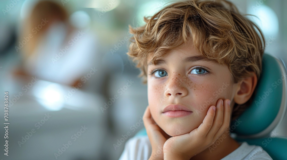 Children dental clinic. Little boy sits in a dentist chair and suffers from severe toothache Children dental clinic. Little boy sits in a dentist chair and suffers from severe toothache