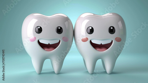 Toothful Delight: Bright Picture of Cute and Smiling Tooth Characters on a Turquoise Background photo