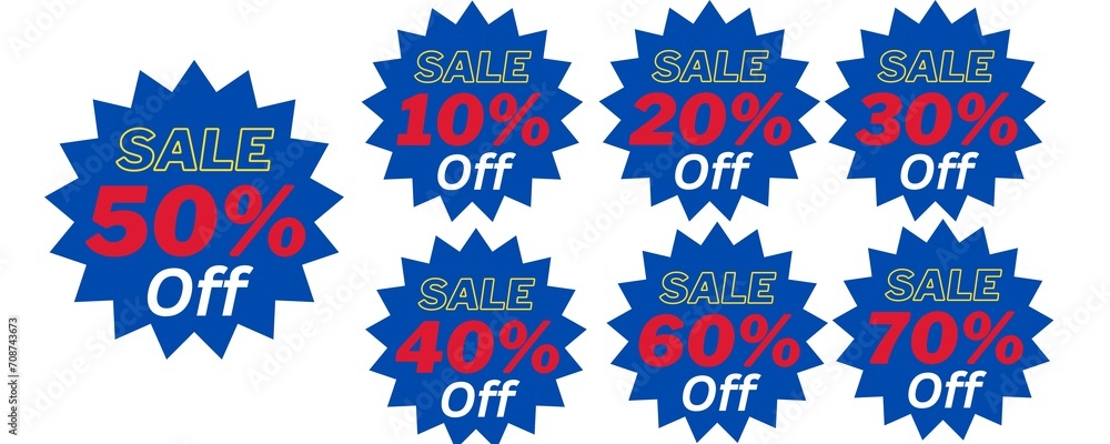 10%, 20%, 30%, 40%, 50%, 60%, 70%, 80%, 90% Discount. Sale offer price sign. Special offer symbol. Discount promotion. illustration isolated on white background. Discount badge shape blue color.