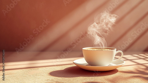 Cup of coffee with steam and sun light isolated on brown background photo