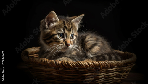 Cute kitten, furry and small, sitting in a basket generated by AI