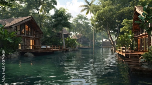  a river running through a lush green forest next to a lush green forest filled with lots of trees and a couple of small houses on stilts next to a body of water.
