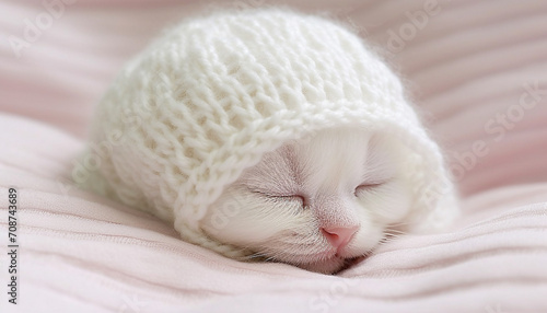 Cute kitten sleeping on a soft blanket, surrounded by warmth generated by AI © Jeronimo Ramos