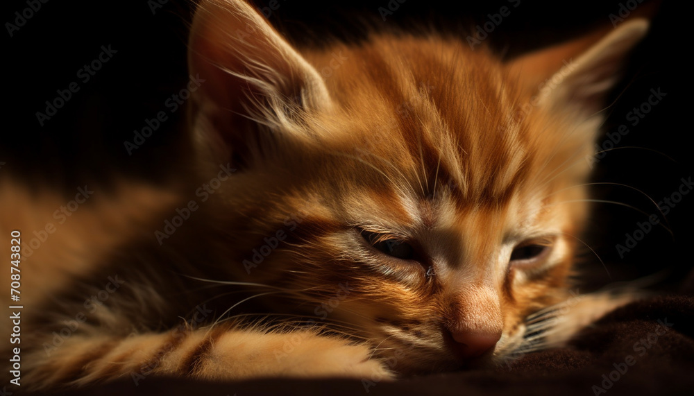 Cute domestic cat kitten sleeping, striped fur, fluffy and playful generated by AI Cute domestic cat kitten sleeping, striped fur, fluffy and playful generated by AI