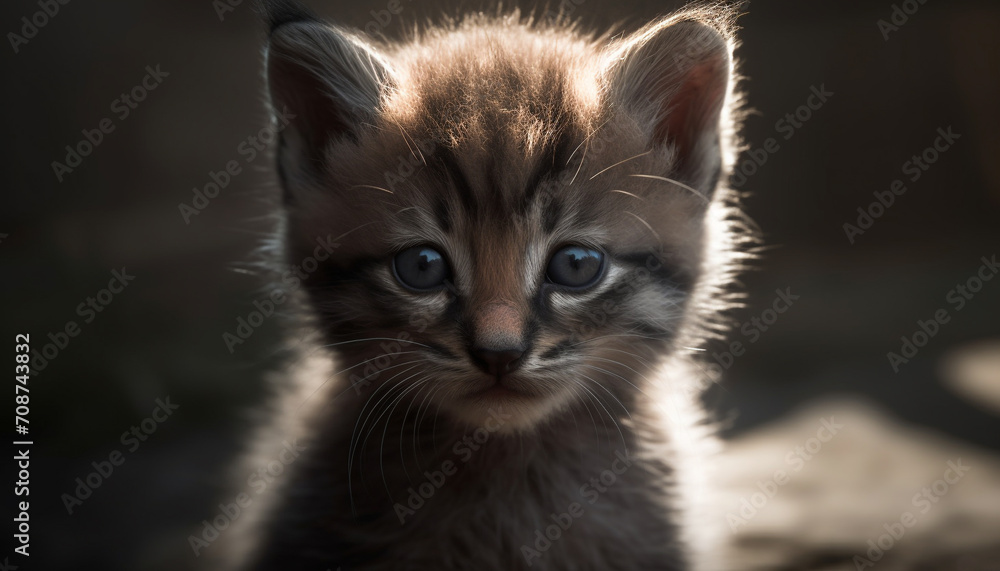 Cute kitten with striped fur, sitting outdoors, looking at camera generated by AI Cute kitten with striped fur, sitting outdoors, looking at camera generated by AI