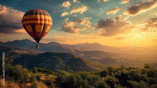  a hot air balloon flying over a lush green hillside under a cloudy blue sky with a sun setting in the distance over a valley with trees and mountains in the foreground.