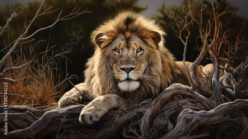  a painting of a lion laying down in a field of dead grass with trees in the background and bushes in the foreground, with a dark sky in the background.