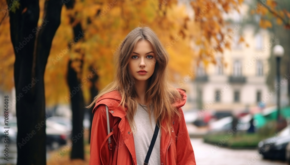 Young woman in autumn, walking outdoors, smiling at camera generated by AI