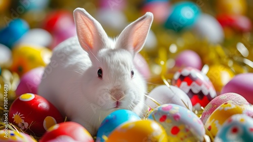 Wallpaper Mural White Easter bunny surrounded by many colorful brightly painted eggs. Festive Rabbit. For greeting card, invitation, postcard, poster, web design. Ideal for Easter celebrations. Backdrop Torontodigital.ca