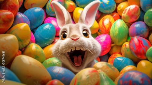 Cheerful Easter bunny surrounded by many colorful brightly painted eggs. Festive Rabbit. For greeting card, invitation, postcard, poster, web design. Ideal for Easter celebrations.