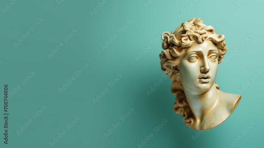 Gold antique statue of female head on a light green solid background. Ideal for contemporary art projects. Banner with copy space Gold antique statue of female head on a light green solid background. Ideal for contemporary art projects. Banner with copy space