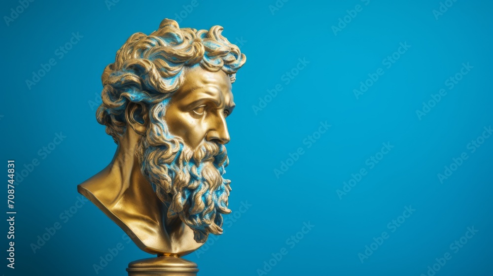 Gold antique statue of male head on a blue solid background. Ideal for contemporary art projects. Banner with copy space