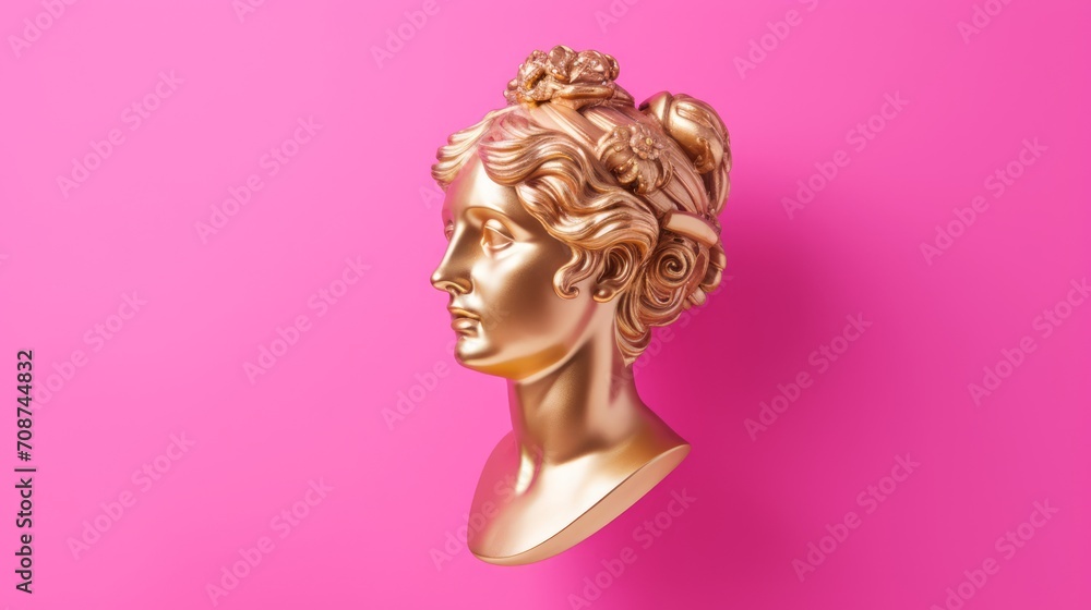 Gold antique statue of a female head on a pink solid background, perfect for use in artistic or abstract visual content. With copy space