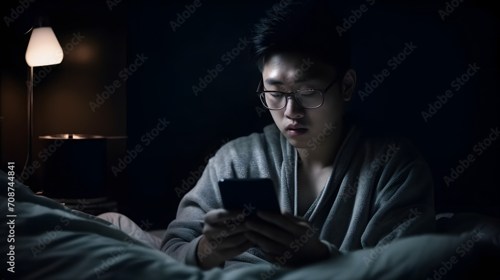 Young Man in Rectangular Glasses Resting in a Dark Bedroom Young Man in Rectangular Glasses Resting in a Dark Bedroom
