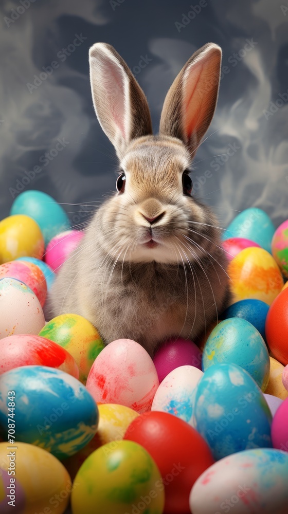 Easter bunny surrounded by many colorful brightly painted eggs. Festive Rabbit. For greeting card, invitation, postcard, poster, web design. Ideal for Easter celebrations. Vertical format