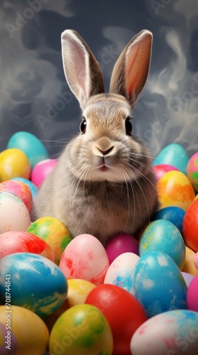 Easter bunny surrounded by many colorful brightly painted eggs. Festive Rabbit. For greeting card, invitation, postcard, poster, web design. Ideal for Easter celebrations. Vertical format © Jafree