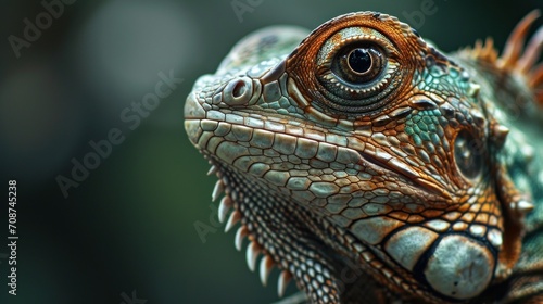  a close up of an iguana's face with a blurry back ground and a blurry back ground behind the image of an iguanaguanaguana's head. © Anna
