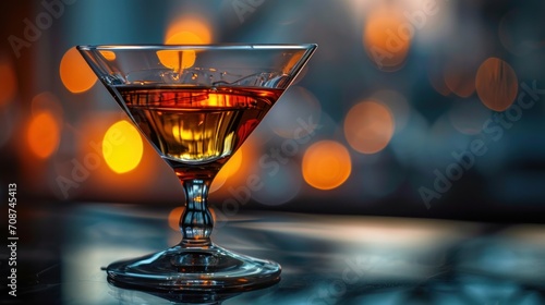 a close up of a wine glass on a table with a blurry background of lights and boke of lights in the backgroup of the glass.