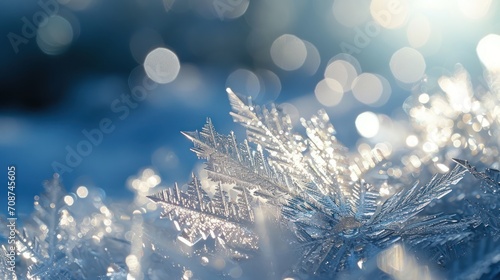  a close up of a snow flake with a blurry background of snow flakes in the foreground and a blurry background of boke of snow flakes in the foreground.