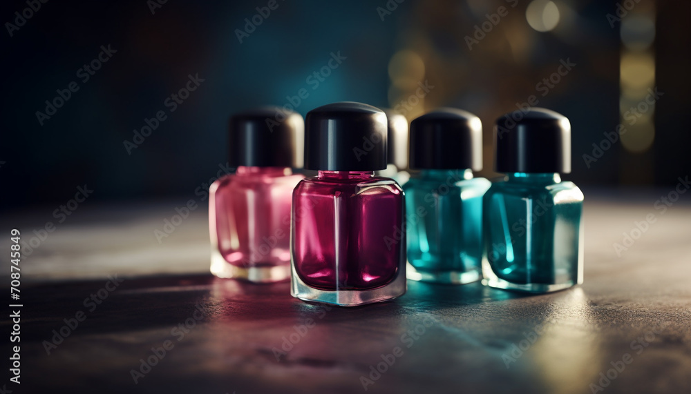 Beauty product bottle on glass table, elegance and luxury fashion generated by AI Beauty product bottle on glass table, elegance and luxury fashion generated by AI
