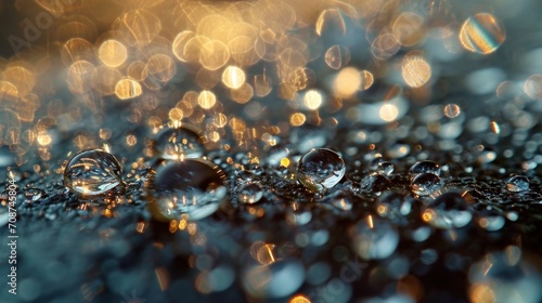  a close up of water droplets on a surface with a boke of light in the background and a blurry image of the water droplets in the foreground.