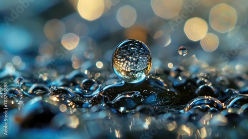  a drop of water sitting on top of a pile of blue and yellow bubbles on top of a blue and white surface with a light reflecting off the top of the water.