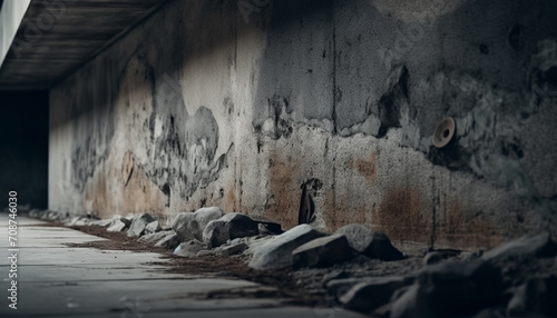 Dirty old wall, dark damaged building feature indoors Abandoned ruined concrete generated by AI