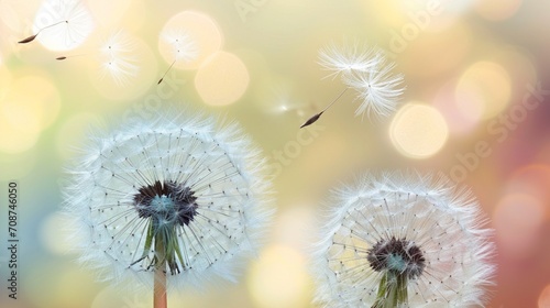 dandelion in the wind, Surrender to the beauty of an abstract universe, where dandelion seeds drift in a blurred nature background. The super-realistic image