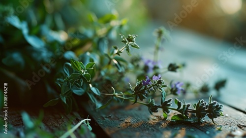  a close up of a bunch of flowers on a piece of wood with a blurry background of grass and flowers in the foreground of the picture, with a blurry background.